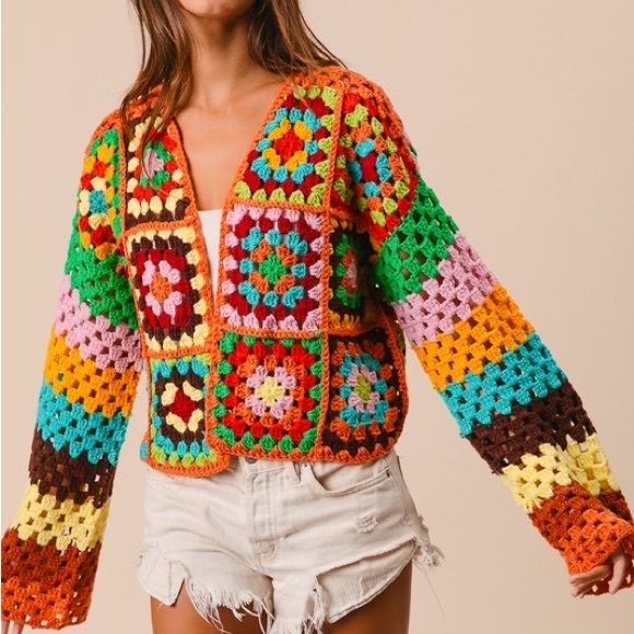 New Color! Bibi Handmade Vibrant Crochet Multicolor Cropped Cardigan Sweater - Picture 2 of 12